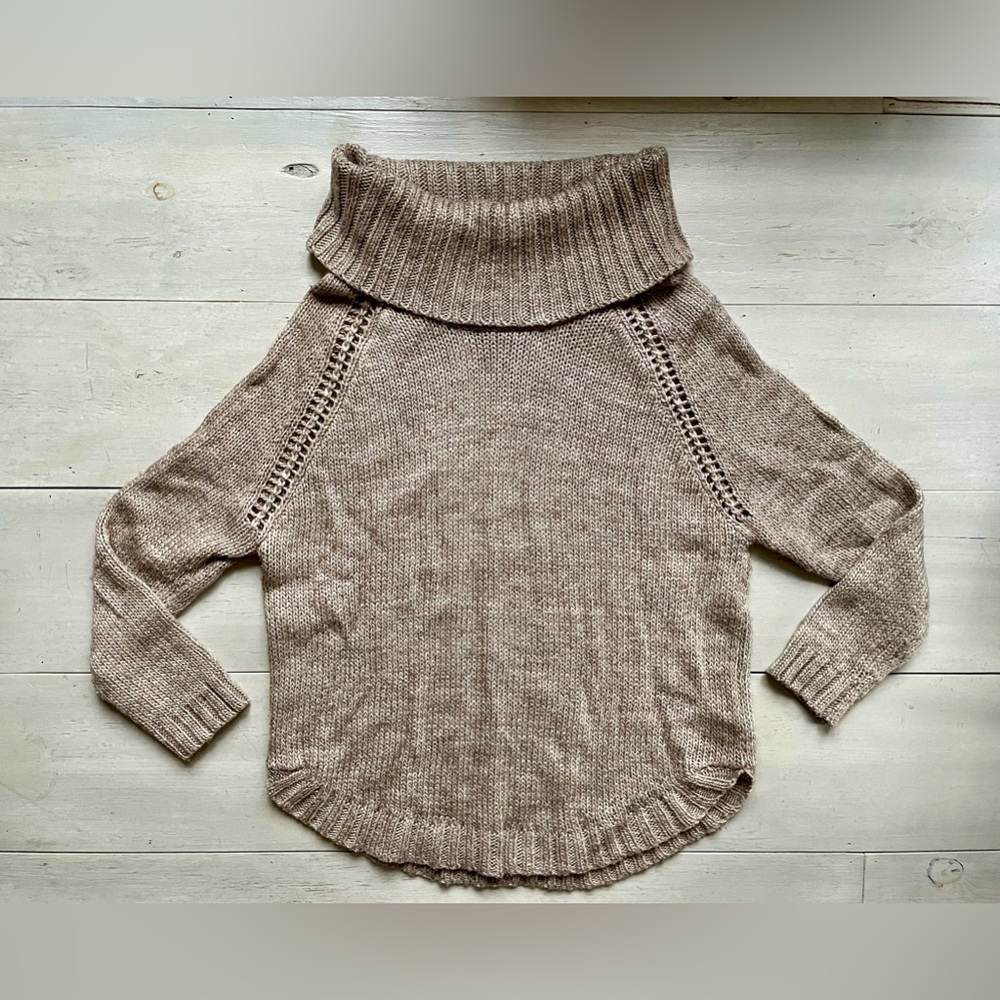 Love by Design Women’s Tan Wool Blend Cowl Neck Sweater Curved Hem Sz L Neutral